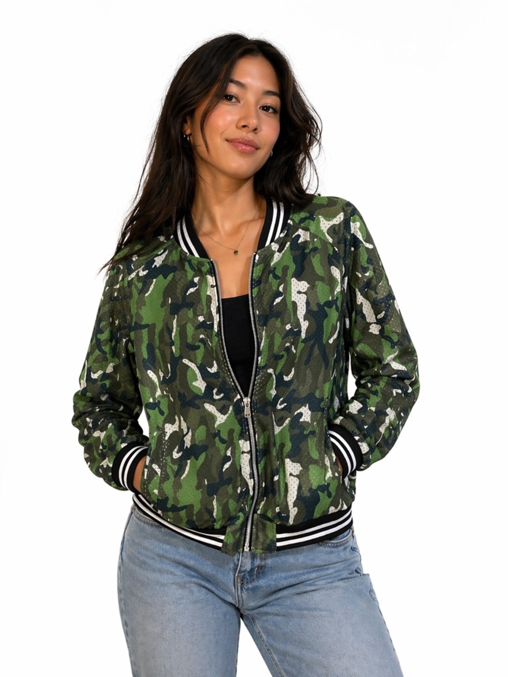 Camouflage Print Bomber Jacket - Green